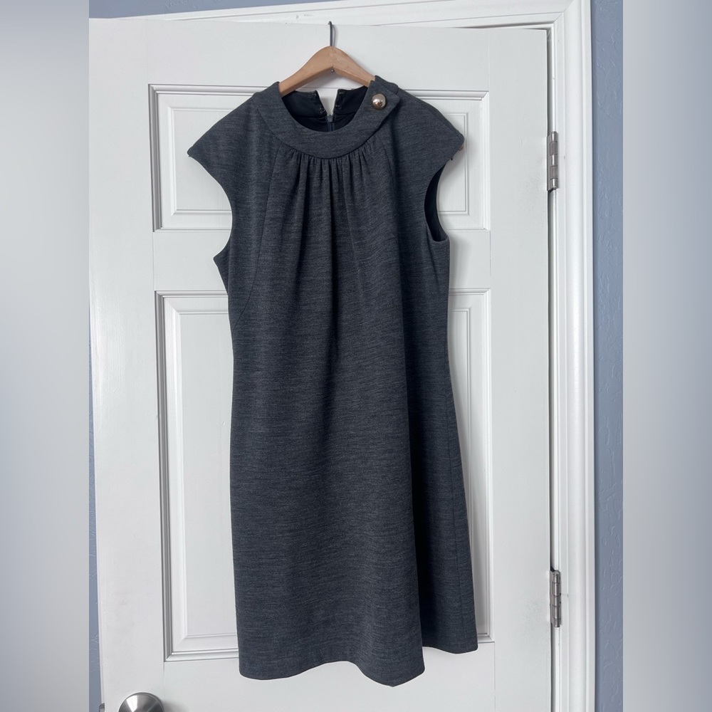 Wool Milly sheath dress, grey with gold button